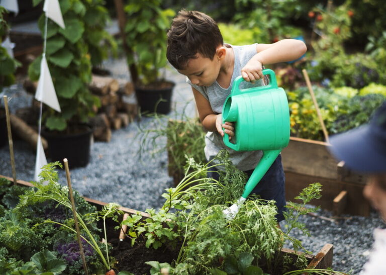 Enfant arrosant plantes