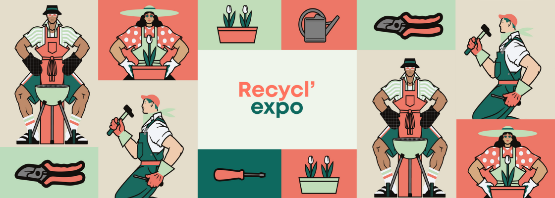 Illustration graphique de la Recycl'expo d'Ecomaison mettant en scène l'univers du bricolage, du jardinage et du recyclage créatif.