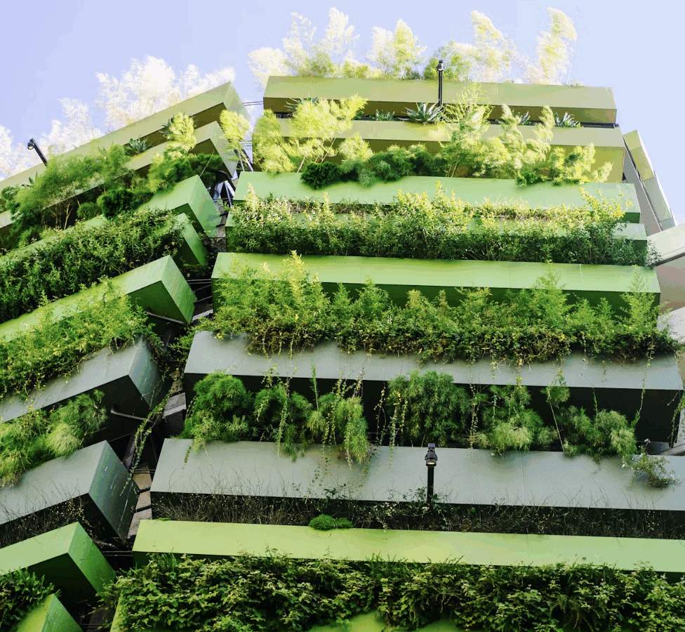 Façade végétalisée d'un bâtiment, symbole d'éco-innovation et d'architecture durable.